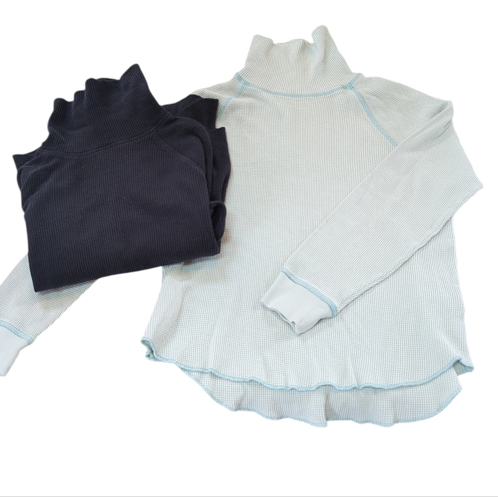Everlane, (2) Black And Mint Green Cotton Waffle Knit Turtleneck Tops. Small